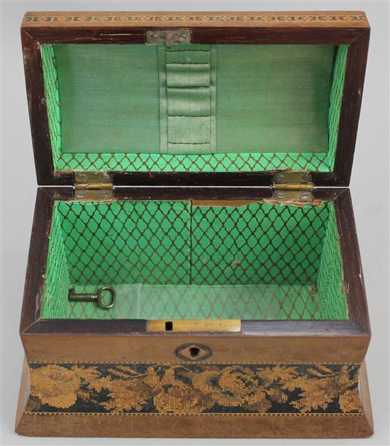 A Tunbridge ware stained birds eye maple Warwick Castle mosaic box, 7.25in.